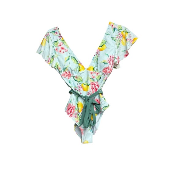 Cupshe size L NWT Floral Ruffle One-Piece Swimsuit Deep V tie waist - Picture 1 of 9